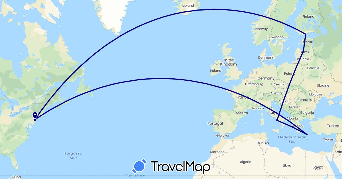 TravelMap itinerary: driving in Estonia, Finland, Greece, Italy, Latvia, United States (Europe, North America)