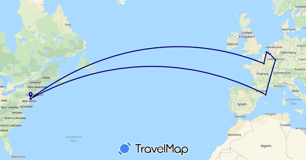 TravelMap itinerary: driving in Belgium, Spain, France, Luxembourg, United States (Europe, North America)